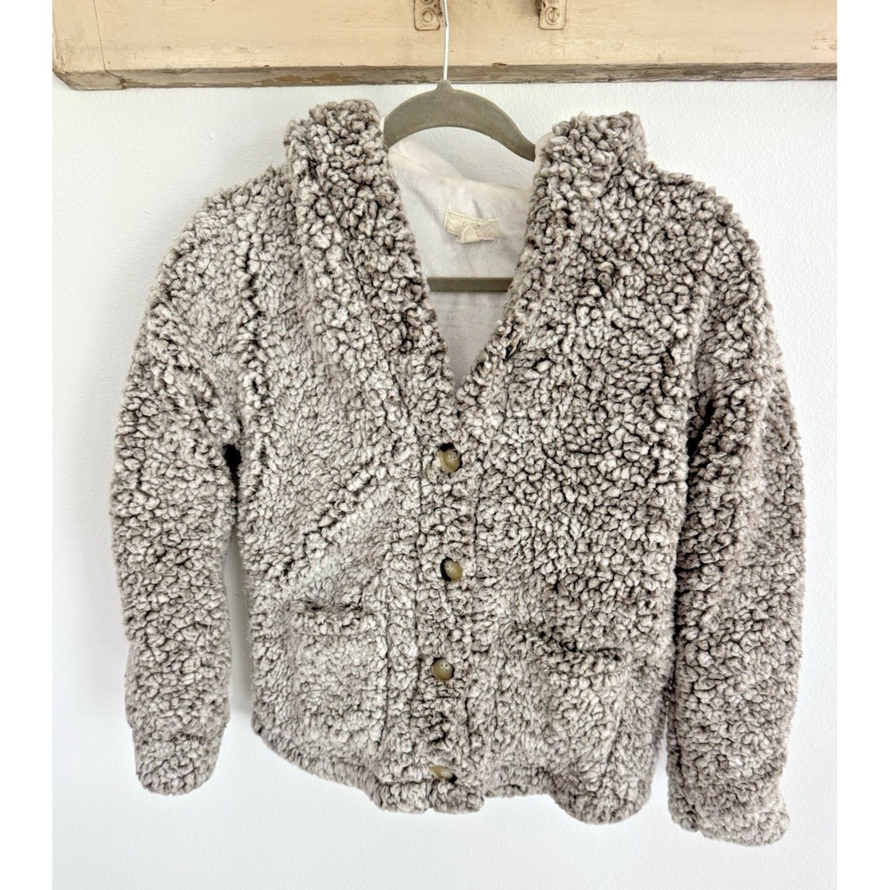 Cupio Womens Sz S Taupe Gray Faux Sherpa Fleece Jacket Hooded Button Front